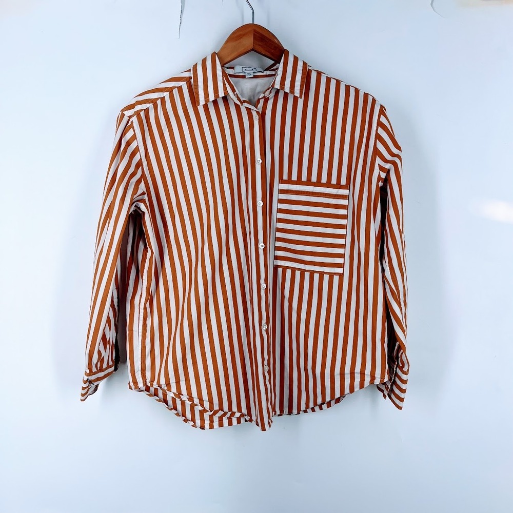 AYR Womens Orange White Striped Button Down Shirt Long Sleeve Cotton Blend S